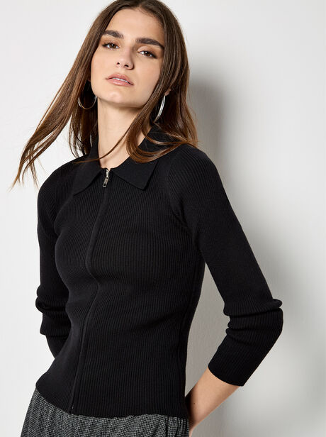 Zip Through Ribbed Knit Cardigan