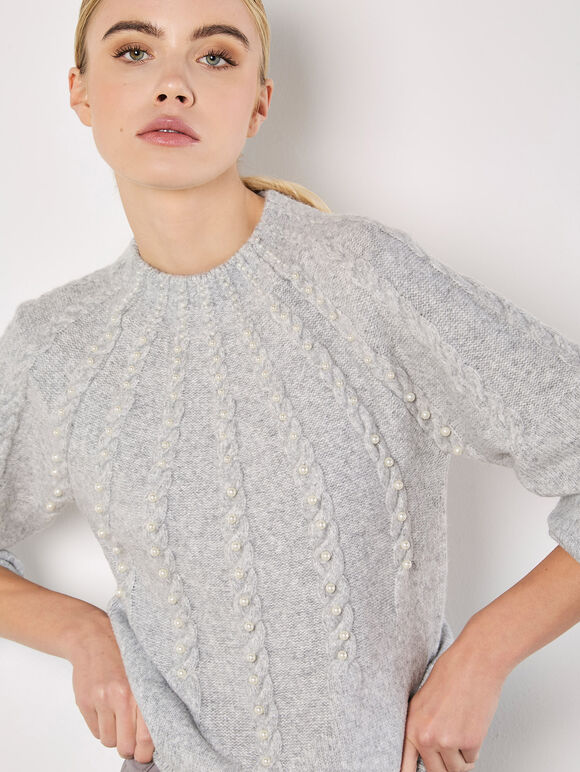 Pearl Embellished Cable Knit Jumper, Grey, large