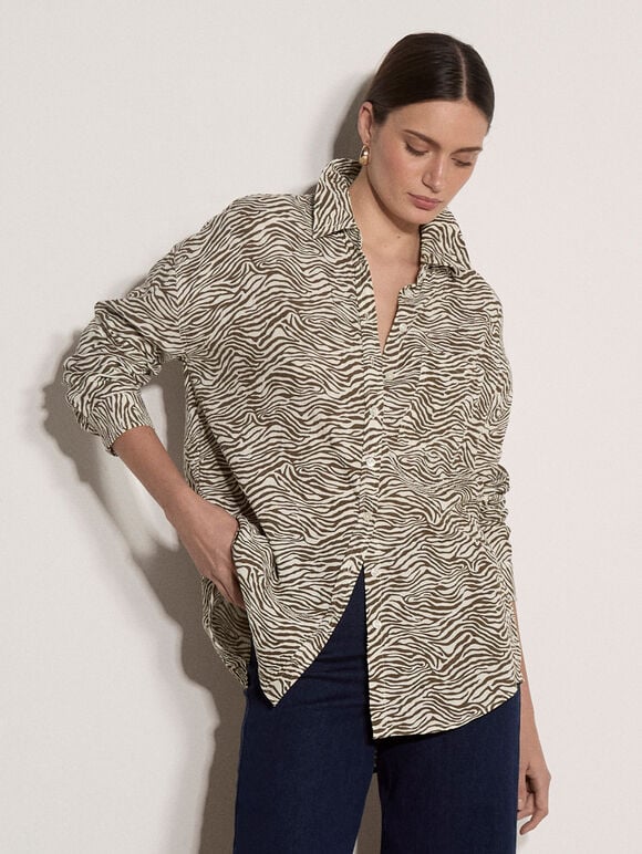 Zebra Print Oversized Shirt, Brown, large
