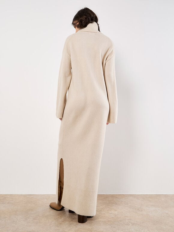 Roll Neck Jumper Maxi Dress, Stone, large