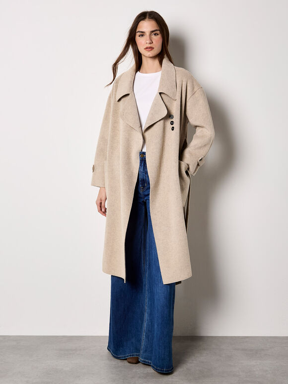 Soft-Touch Long Trench Coat, Stone, large