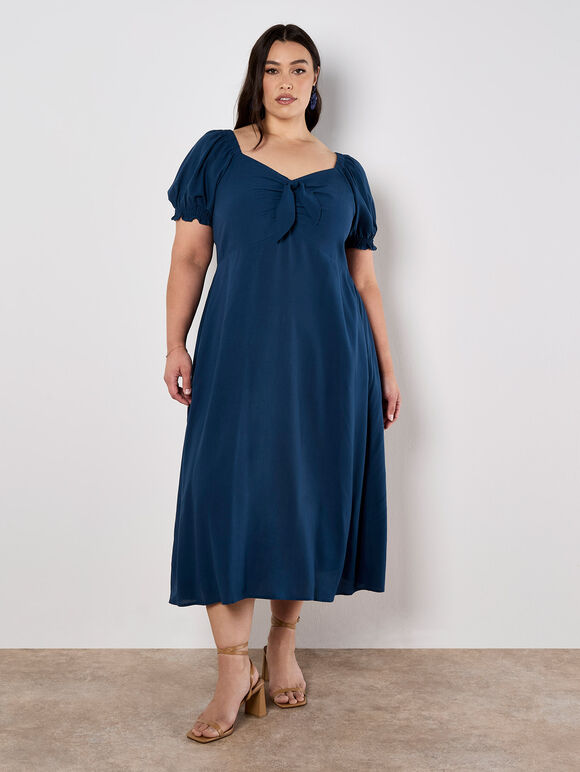 Tie Detail Milkmaid Midaxi Dress, Navy, large