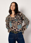Patchwork Floral Shimmer Ruffle Blouse, Teal, large