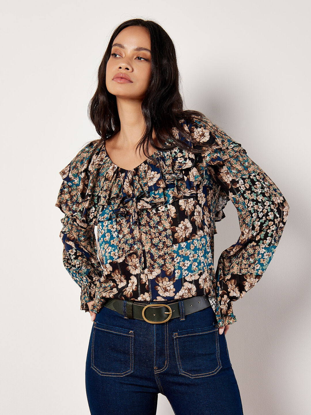 Image of Patchwork Floral Shimmer Ruffle Blouse