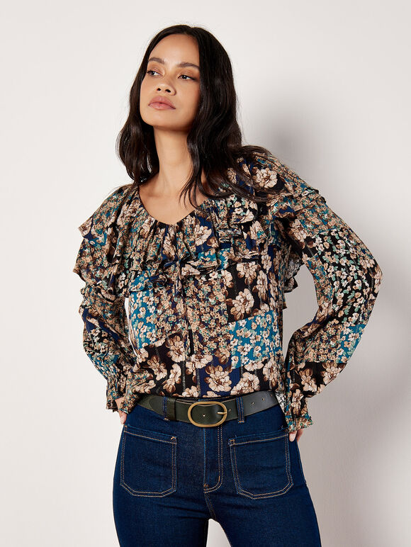 Patchwork Floral Shimmer Ruffle Blouse, Teal, large