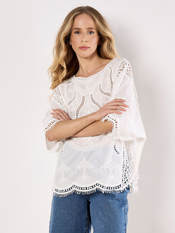 Cotton Blend Crochet Embroidered Top, White, large
