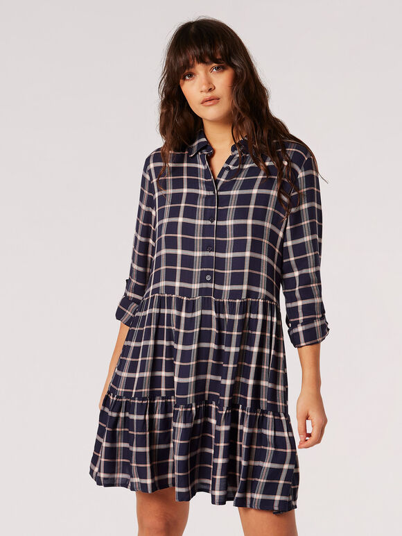 Check Print Shirt Mini Dress, Navy, large