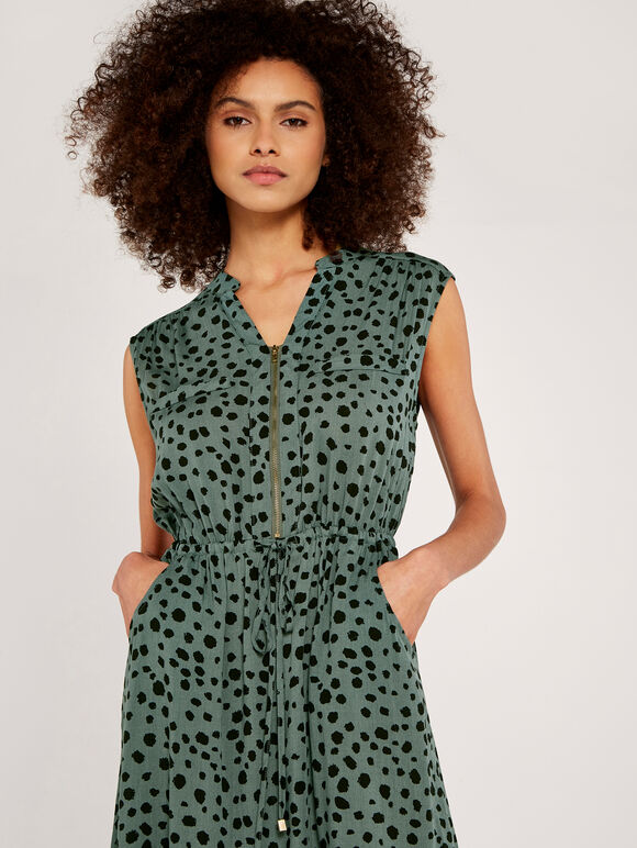Painterly Dot Zip Front Dress, Khaki, large