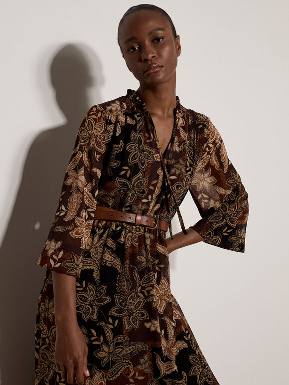 Patchwork Paisley Chiffon Maxi Dress, Brown, large
