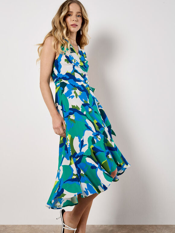 Graphic Floral Wrap Midi Dress, Aqua - Turquoise, large