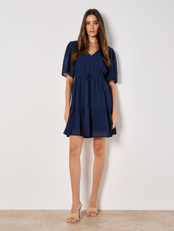 Polka Dot Chiffon Mini Dress, Navy, large