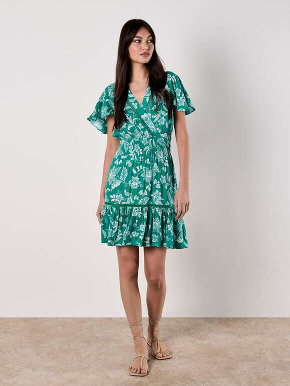 Sarasa Floral Wrap Mini Dress, Green, large