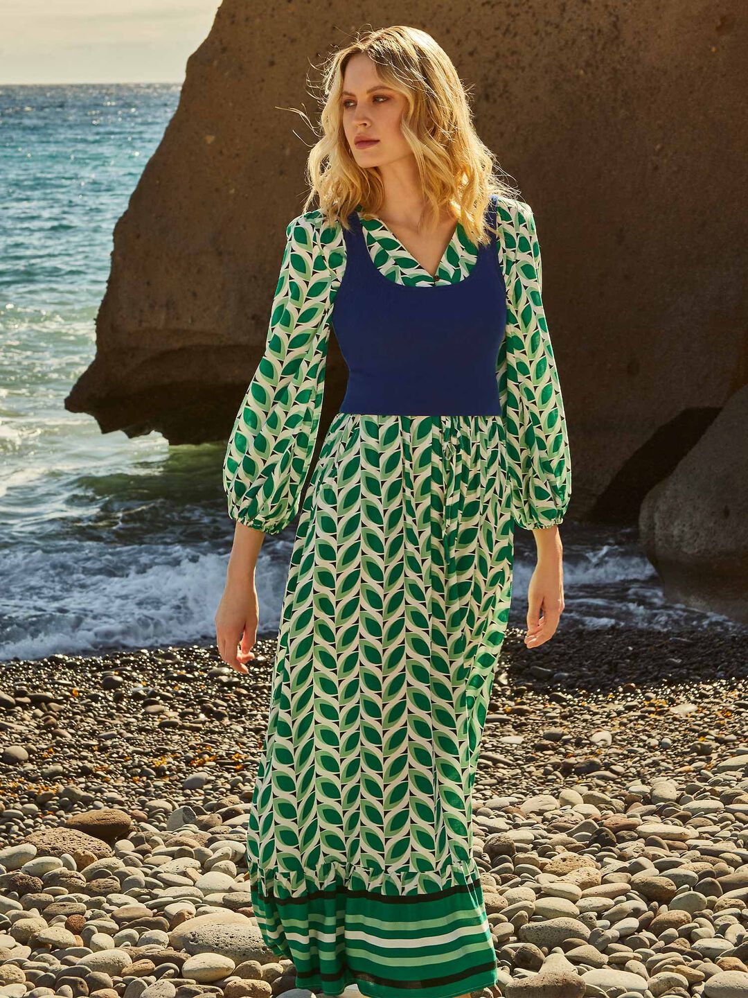 Image of Geo Leaves Drawstring Maxi Dress