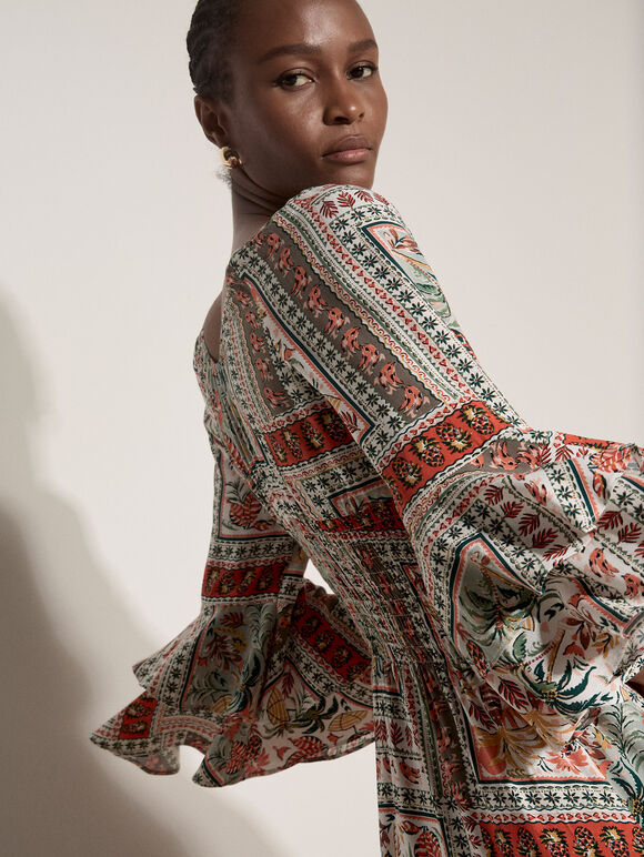 Patchwork Print Smocked Mini Dress, Mint, large