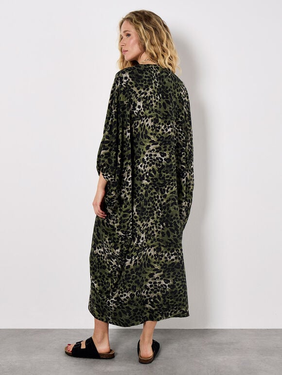 Leopard Print Kimono Midi Dress, Khaki, large