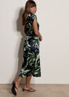 Tropical Leaf Satin Shirt Midi Dress, Navy, large