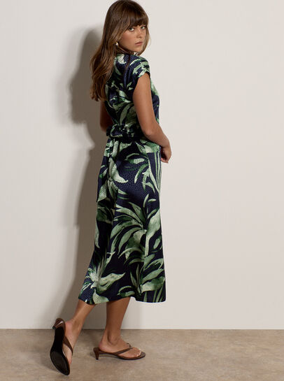 Tropical Leaf Satin Shirt Midi Dress