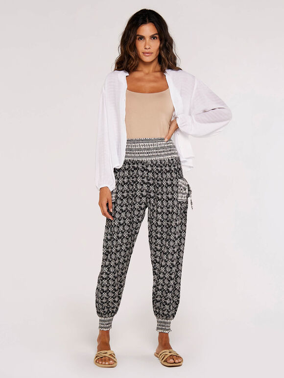 Batik Floral  Woven Smocked Joggers, Black, large