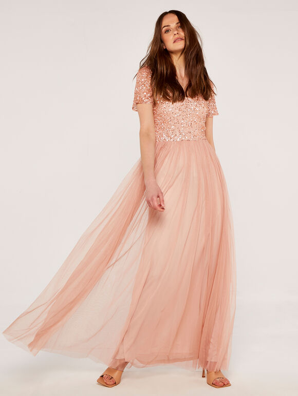Sequin Tulle Maxi Dress, Pink, large