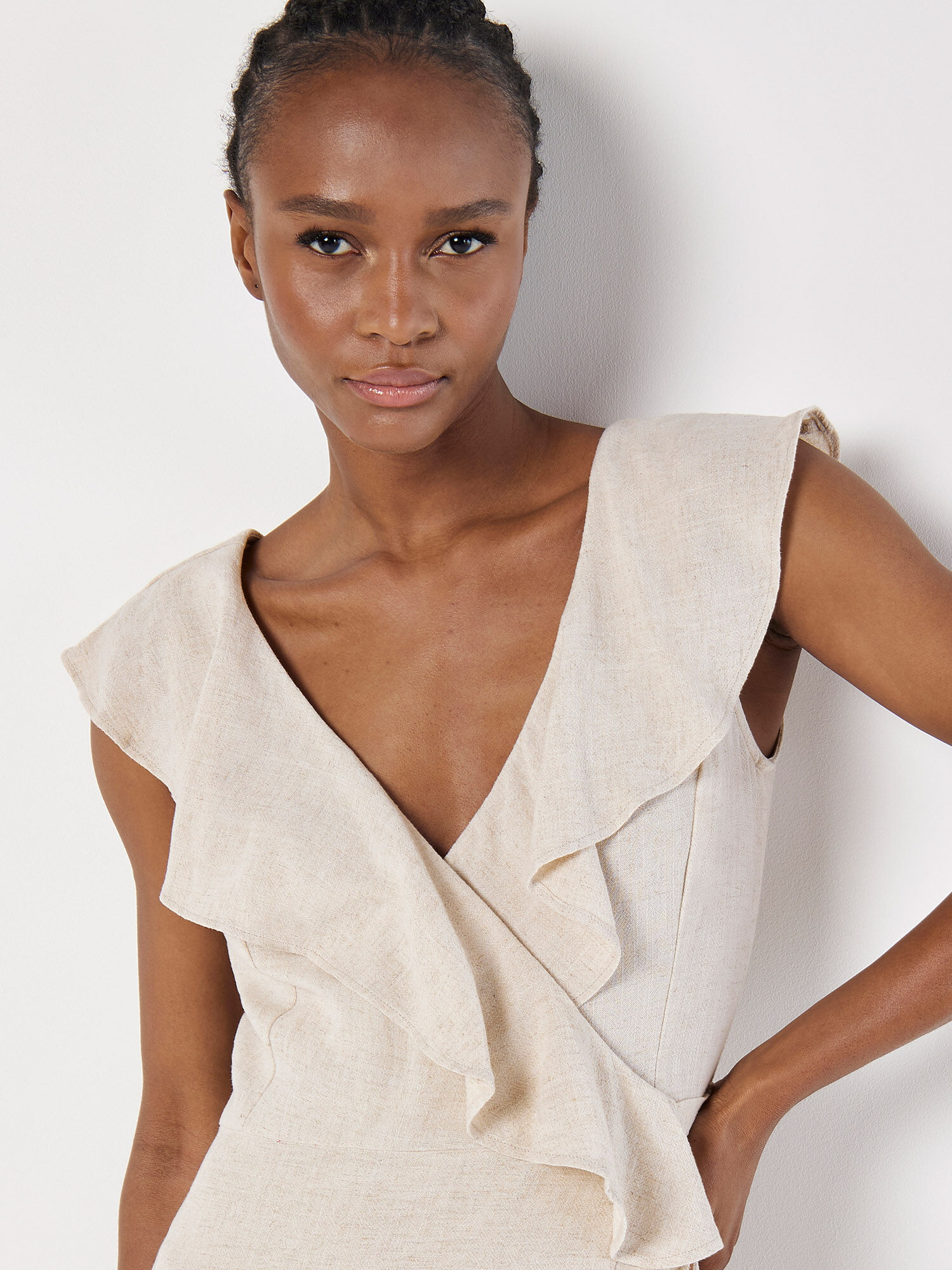 Ruffle Wrap Linen Blend Midi Dress Apricot Clothing