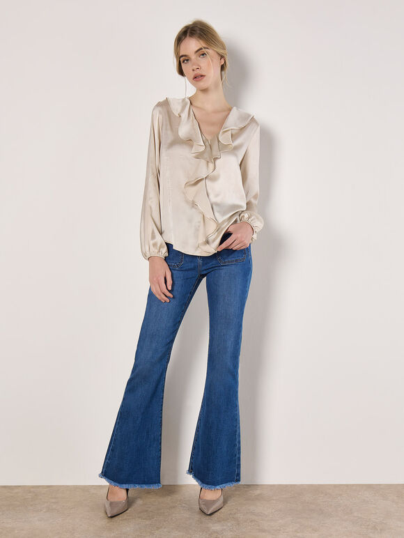 Textured Satin Ruffle Blouse, Cream, large