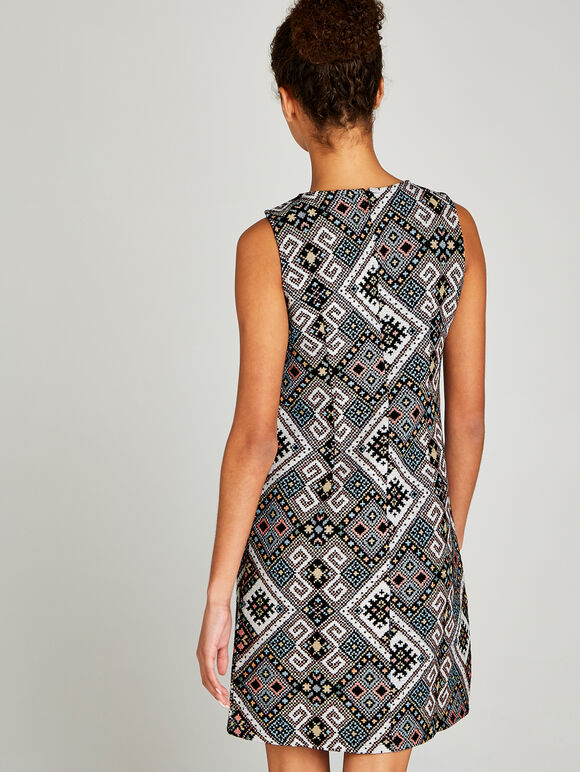 Black Tribal Jacquard Shift Dress, Black, large