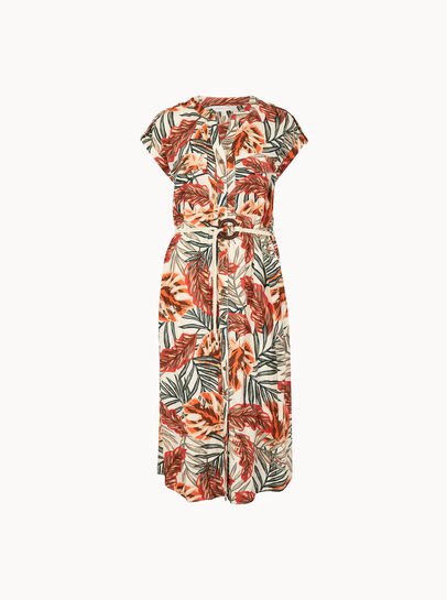 Tropical Leaf Linen Blend Shirt Midi Dress