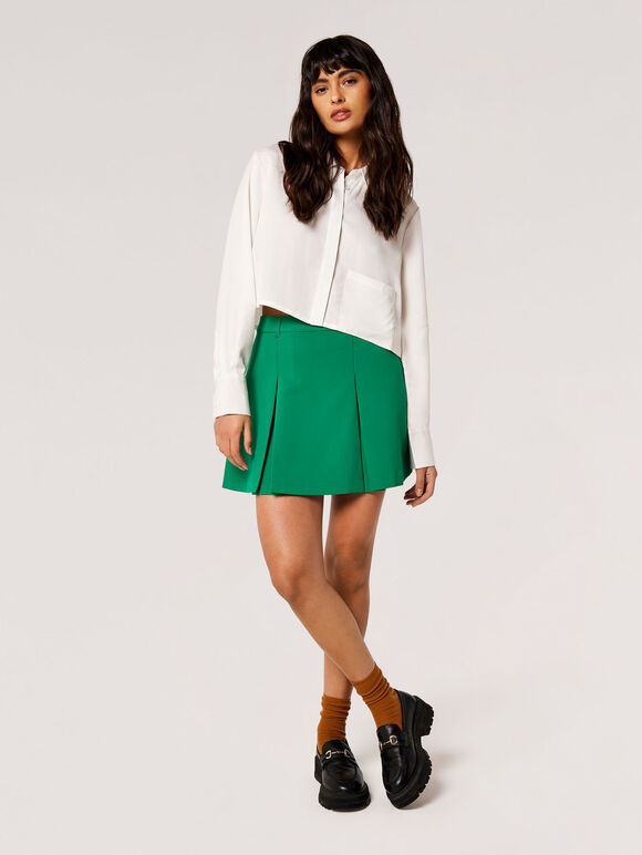 Pleated Tailored Mini Skirt, Green, large