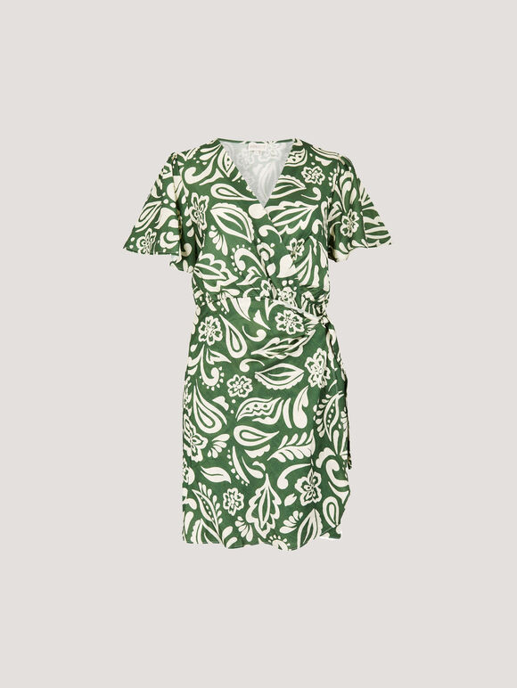 Floral Paisley Wrap Mini Dress, Green, large