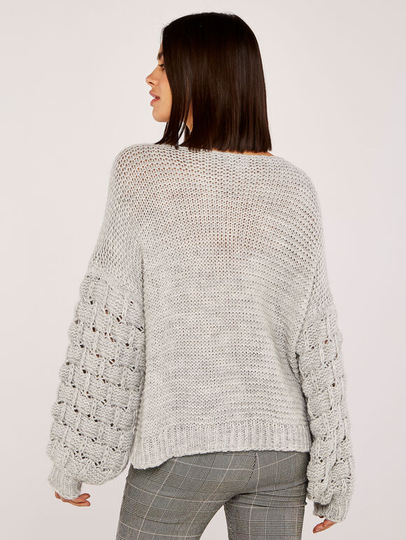 Chunky Weave Knit Sleeve Jumper, Grey, large
