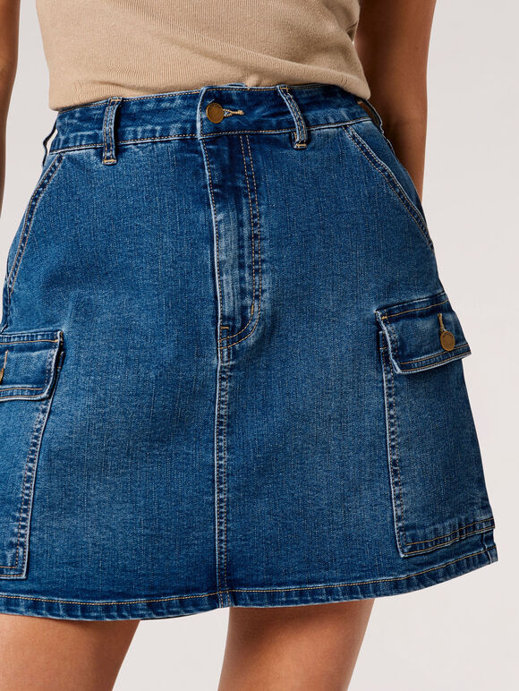 Denim Cargo Mini Skirt, Blue, large