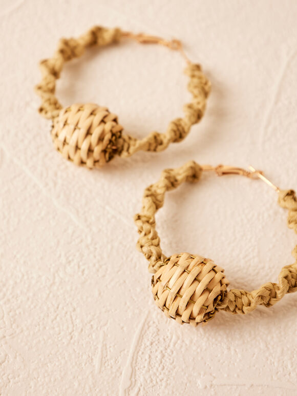 Straw Beaded Hoop Earrings, Stone, large