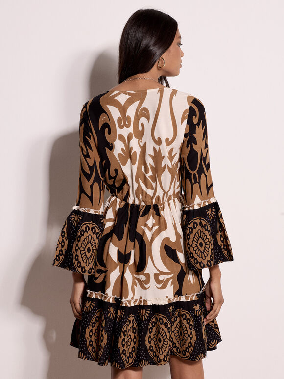 Paisley Bell Sleeve Mini Dress, Camel, large