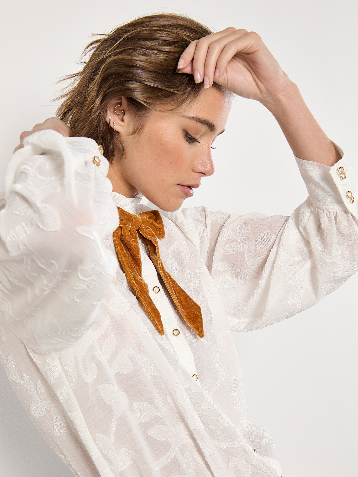 Embroidered Leaf Chiffon Blouse Apricot Clothing