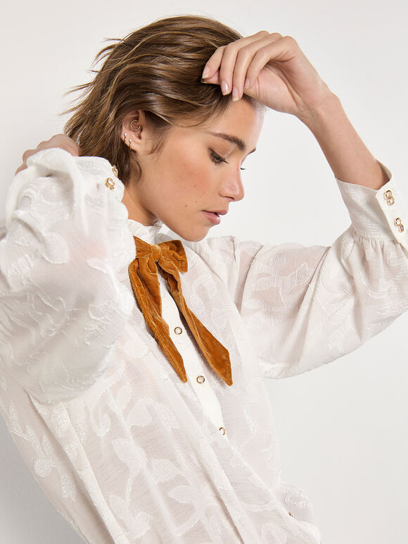 Embroidered Leaf Chiffon Blouse, Cream, large