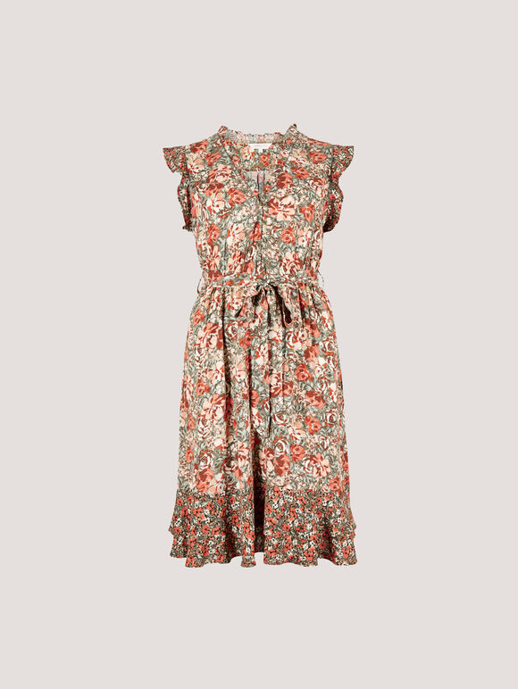 Ditsy Floral Ruffle Mini Dress, Khaki, large