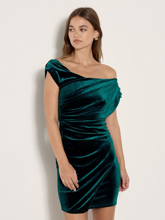One-Shoulder Velvet Bodycon Mini Dress, Pine Green, large