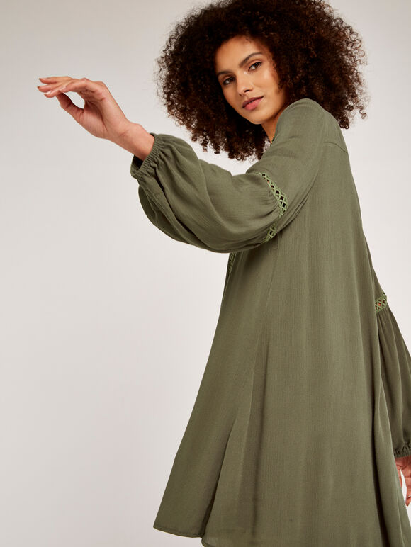 Lace Detail Smock Dress, Khaki, large
