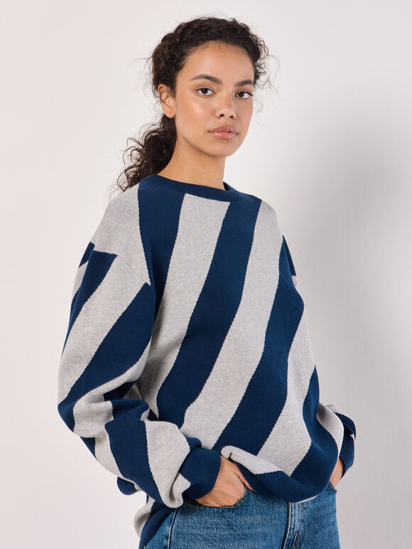 Diagonal Stripe Knitted Jumper, Navy, large