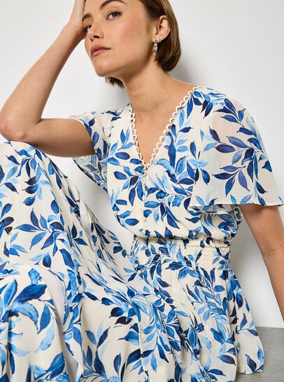 Watercolour Leaves Chiffon Tiered Maxi Dress