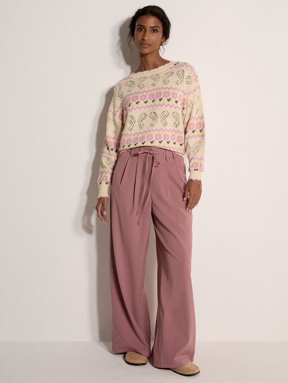 Pointelle Knit Butterfly Floral Jumper, Stone, large