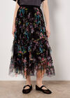 Floral Tiered Tulle Midi Skirt, Black, large