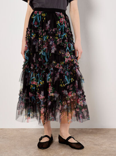 Floral Tiered Tulle Midi Skirt