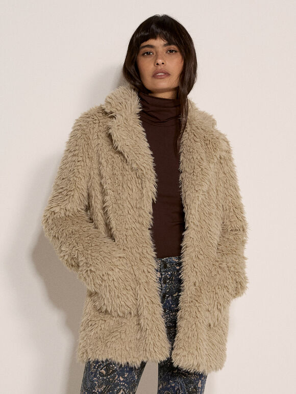 Faux Fur Panel Jacket, Stone, large