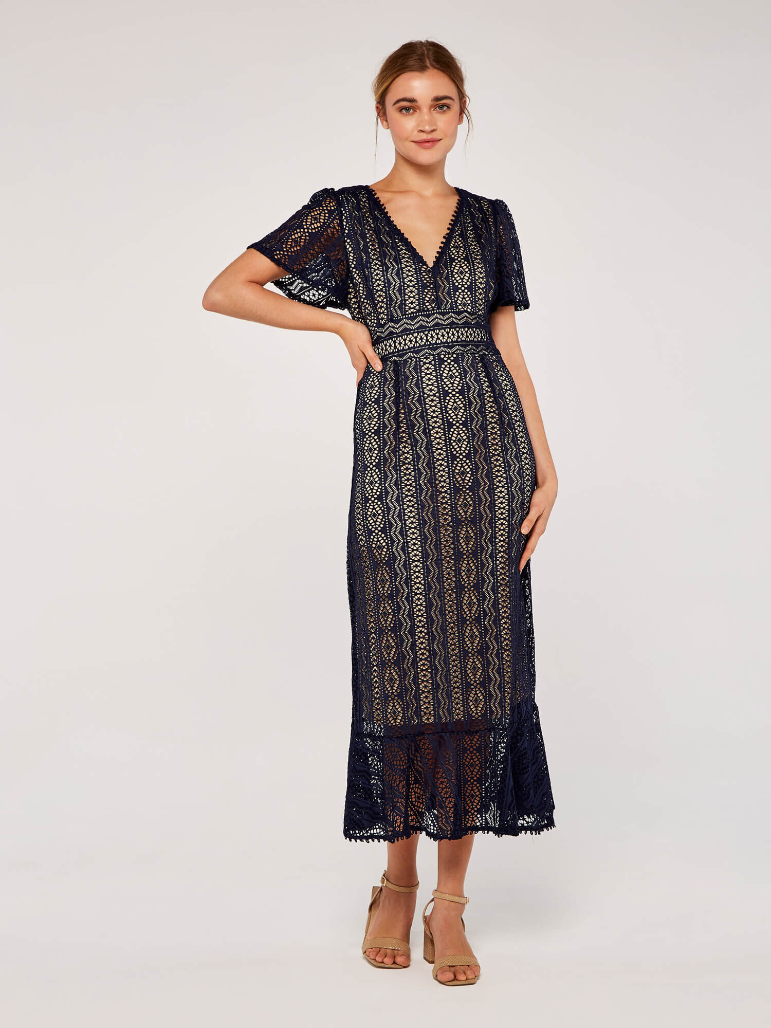 Navy lace sales v neck dress