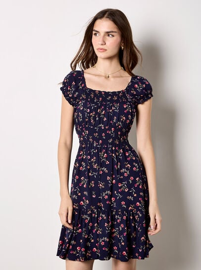 Smocked Floral Print Mini Dress