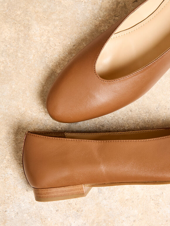 Leather Ballerina Flats, Brown, large