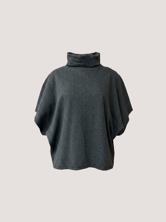 Herringbone Roll Neck Batwing Top, Dark Grey/Charcoal, large
