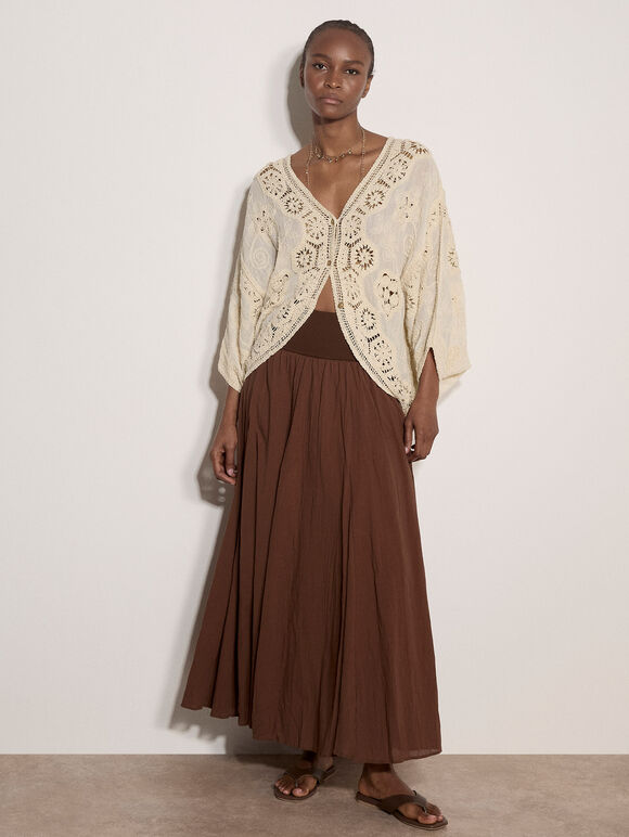 Jersey Waistband Cotton Midaxi Skirt, Brown, large