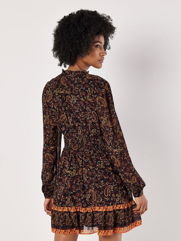 Paisley Ruffle Mini Dress, Black, large